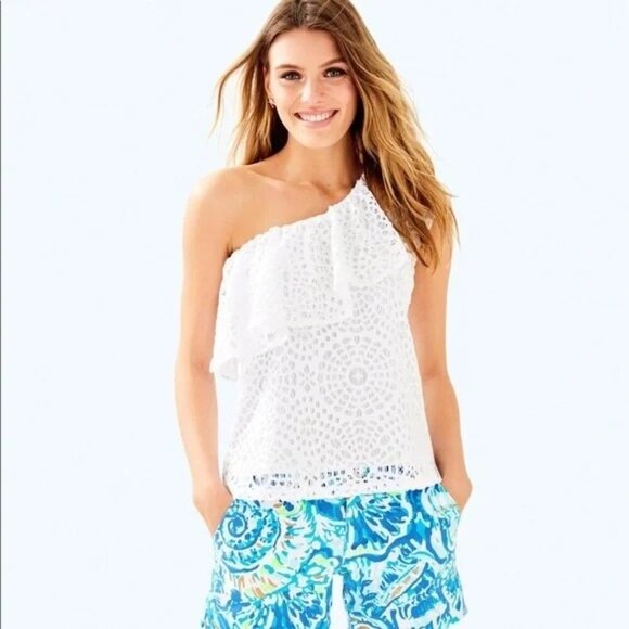 Lilly Pulitzer Top Matteo One Shoulder Lace Resort Sea Urchin White Sz Sm - Picture 1 of 6